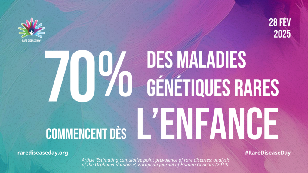 Infographie montrant que 70 % des maladies génétiques rares commencent dès l'enfance